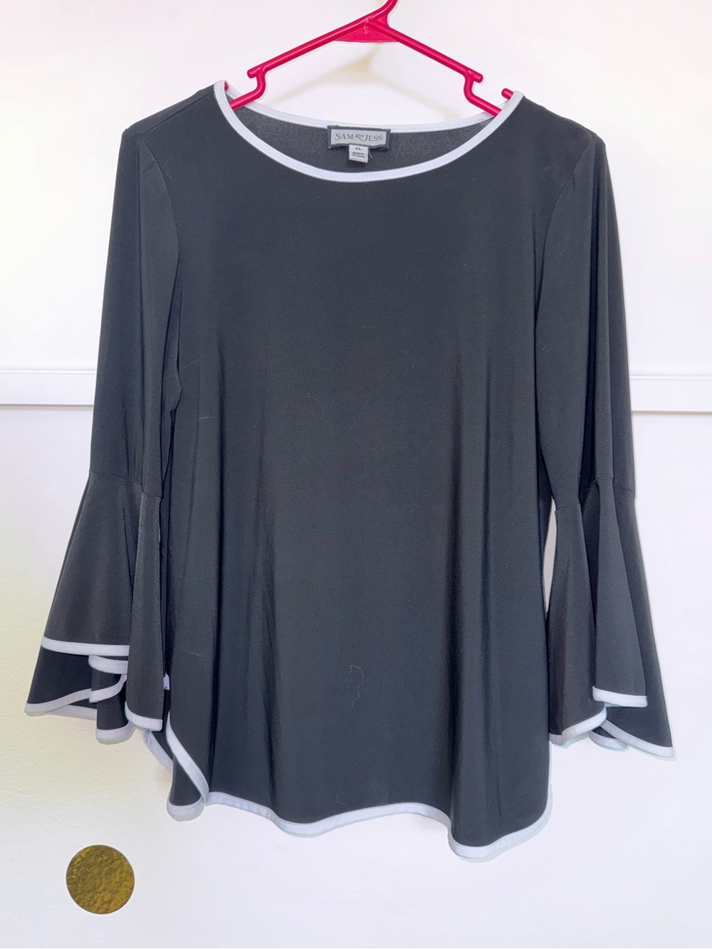 Black Bell-Sleeve Top with White Trim